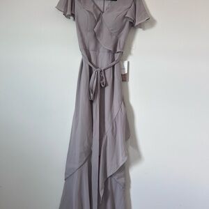 NWT Stacees Dove Silver Grey Chiffon Belted Maxi Party Wedding Dress Size S/M